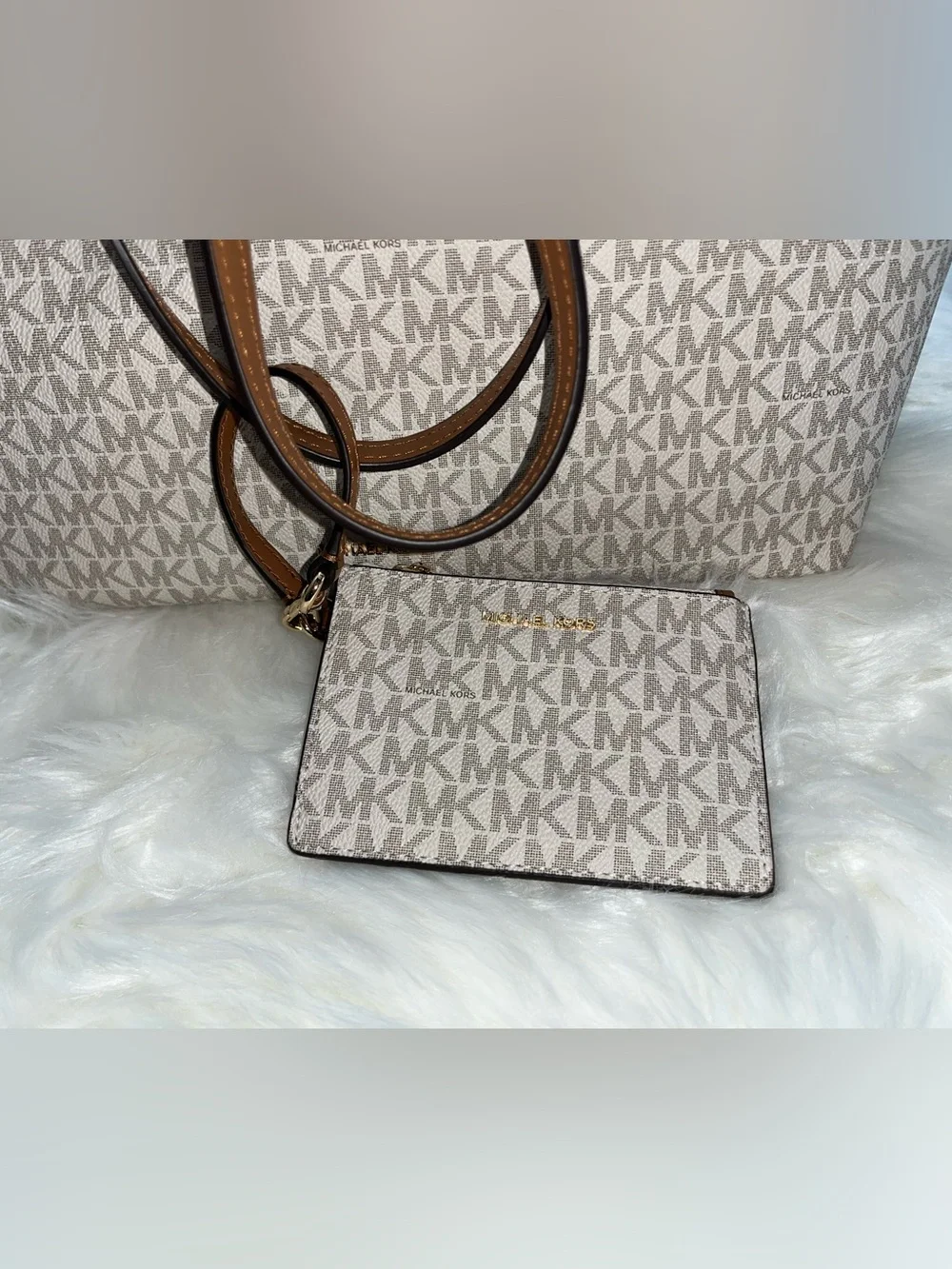 Michael Kors Beige MK Monogram Tote with Brown Trim and Straps